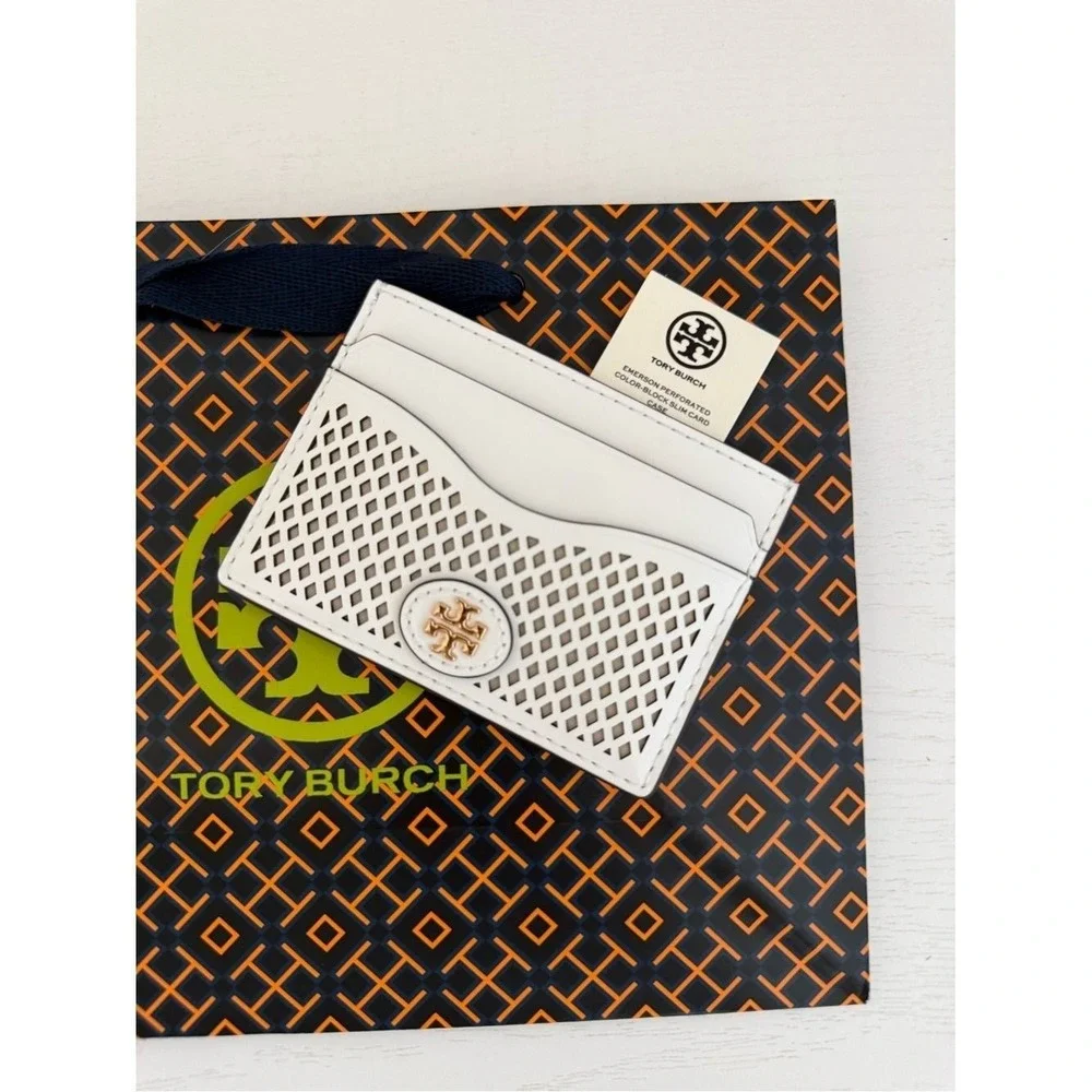 Tory Burch Emerson Perforated Color Block Slim Card Case Wallet 175870 White GLD